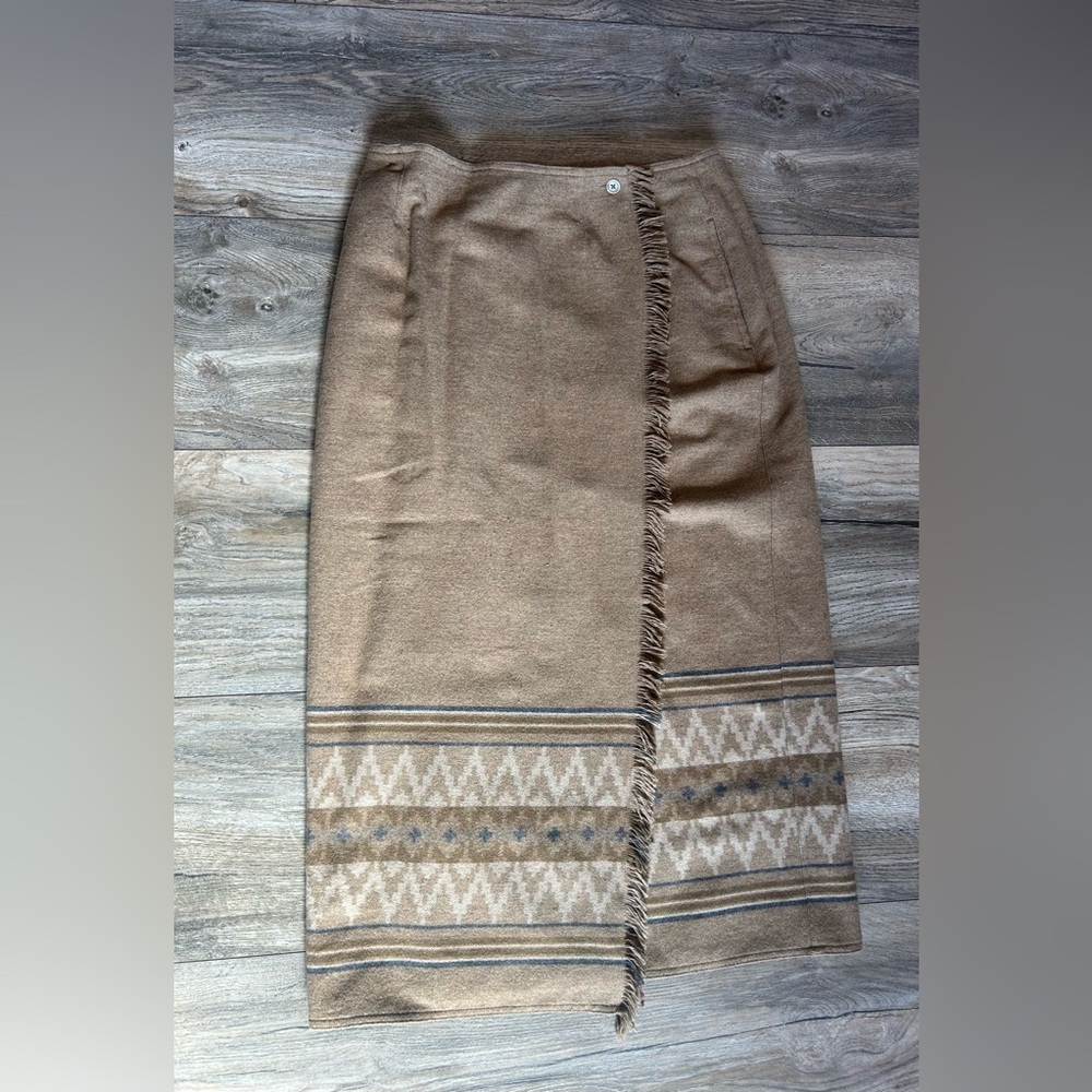 90s Wool Blend Blanket Midi Skirt Aztec Southwestern Fringe Brown size 12